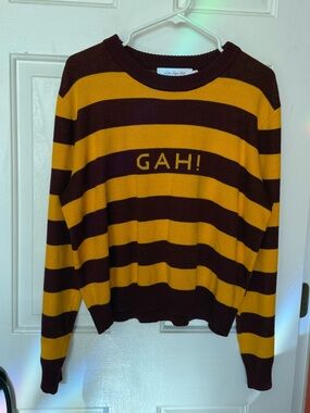 Lisa Says Gah Striped 'GAH!' Crewneck Sweater in Yellow and Maroon